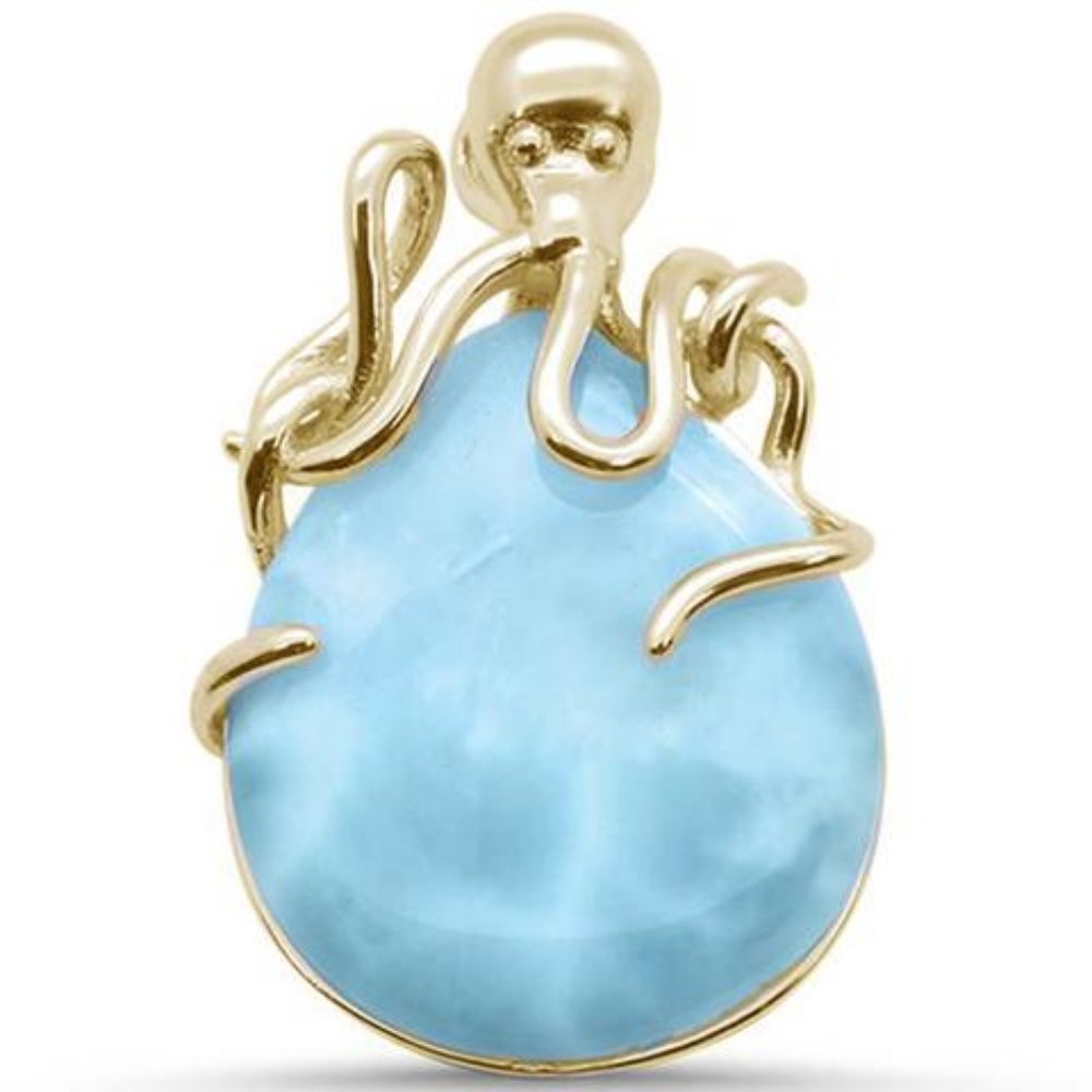 yellow gold plated natural larimar octopus oval,